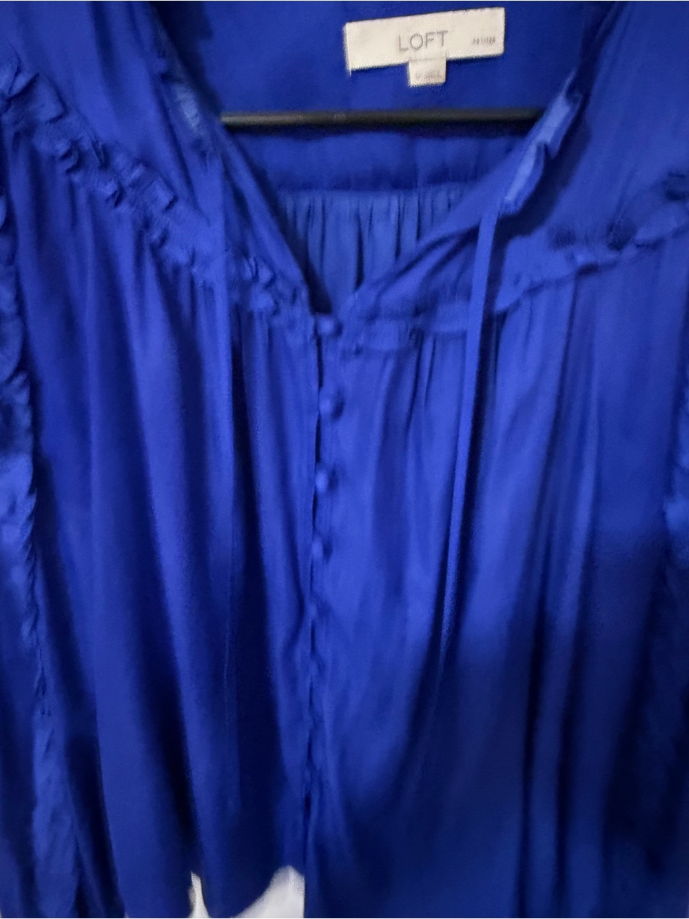 LOFT Royal Blue Button-Front Ruffle Blouse - Picture 2 of 5